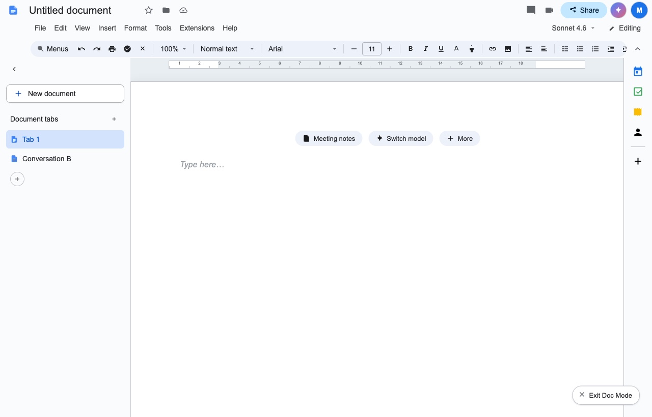 A blank document titled Untitled document with a title bar, a File Edit View Insert Format Tools Extensions Help menu bar, a formatting toolbar, a ruler, a left panel listing Tab 1 and Conversation B, three suggestion chips reading Meeting notes, Switch model and More, a Type here placeholder, a column of small icons on the right, and an Exit Doc Mode button in the corner.