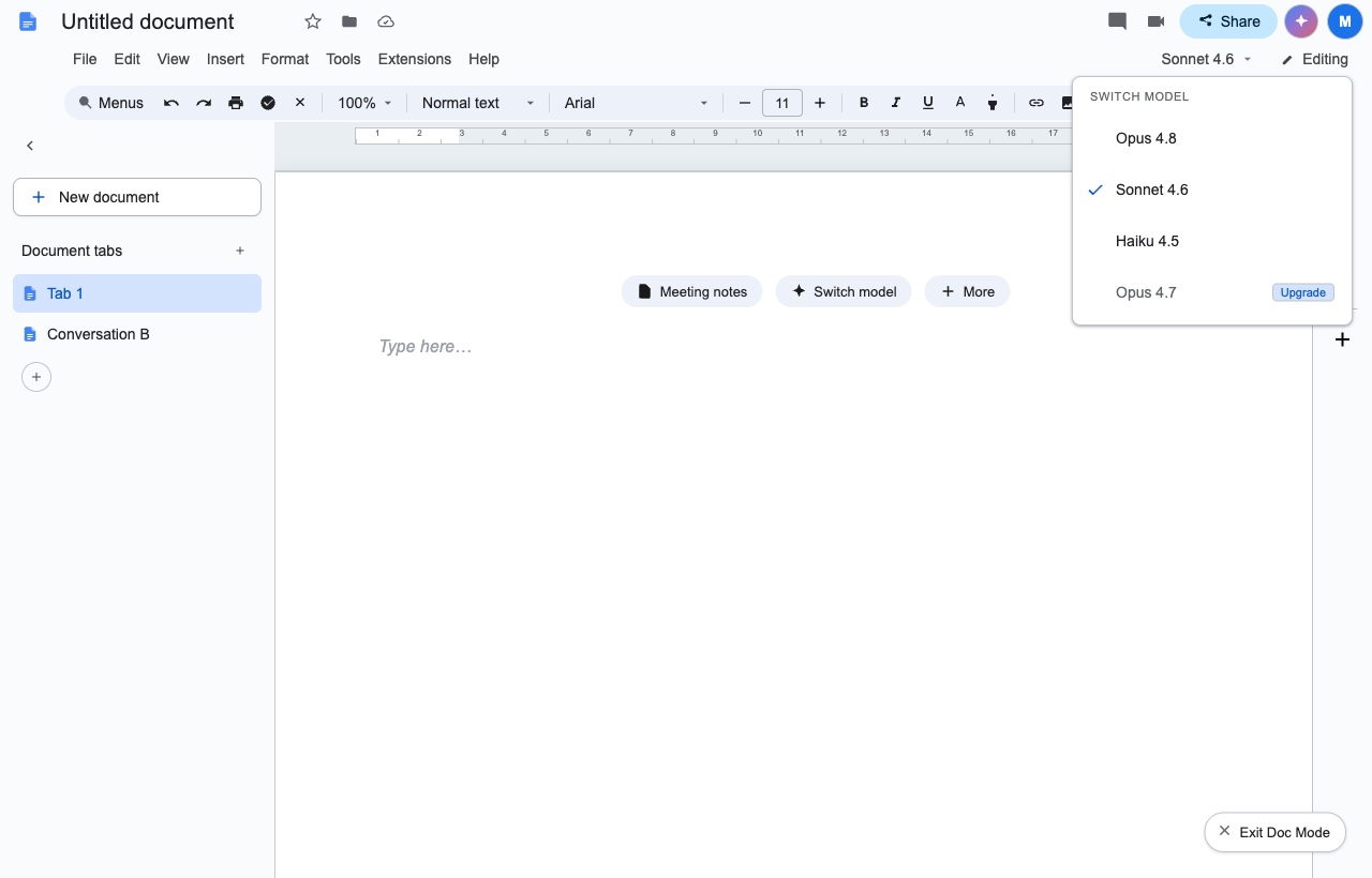 An open dropdown labeled Switch Model beneath a Sonnet 4.6 chip in the menu bar, listing Opus 4.8, Sonnet 4.6 with a checkmark, Haiku 4.5, and a grayed out Opus 4.7 with an Upgrade badge.