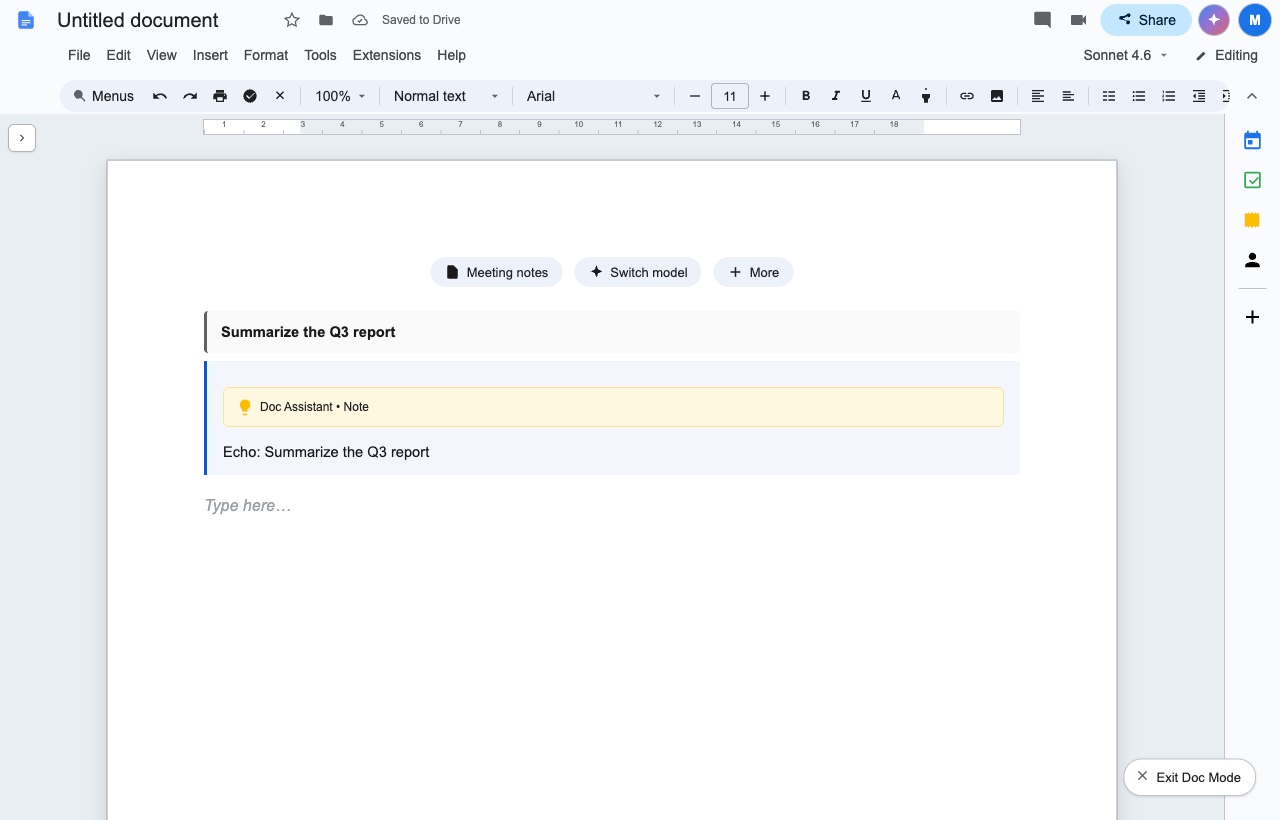 The same document with the tabs panel collapsed to a single arrow on the left. The page shows a sent message rendered as a bold heading reading Summarize the Q3 report, a highlighted box labeled Doc Assistant dot Note, a reply line below it, and a Type here placeholder underneath.